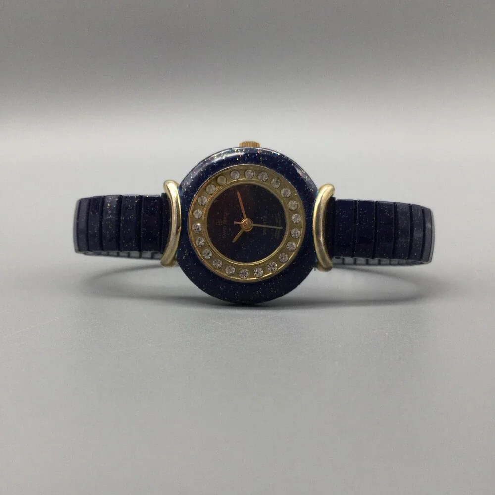 David Design Womens Watch 25mm Crystal Bezel Stretch Band Gold Tone New Battery